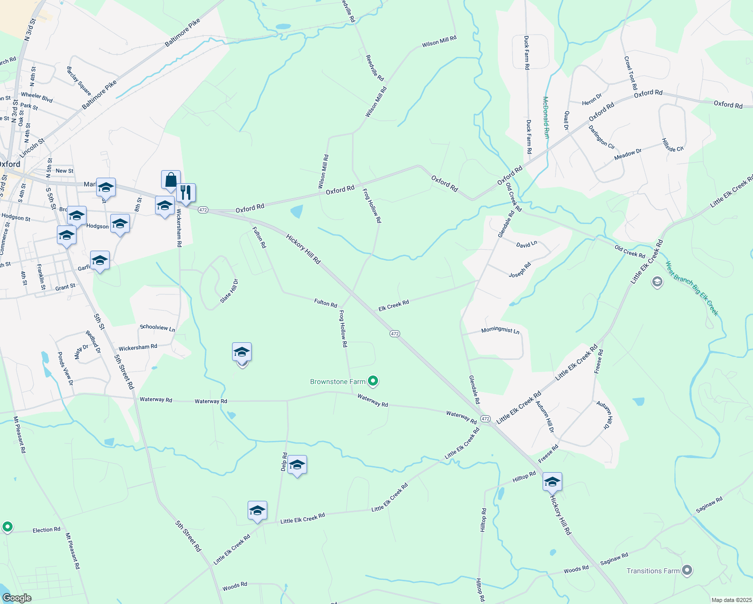 map of restaurants, bars, coffee shops, grocery stores, and more near 200 Elk Creek Rd in Oxford