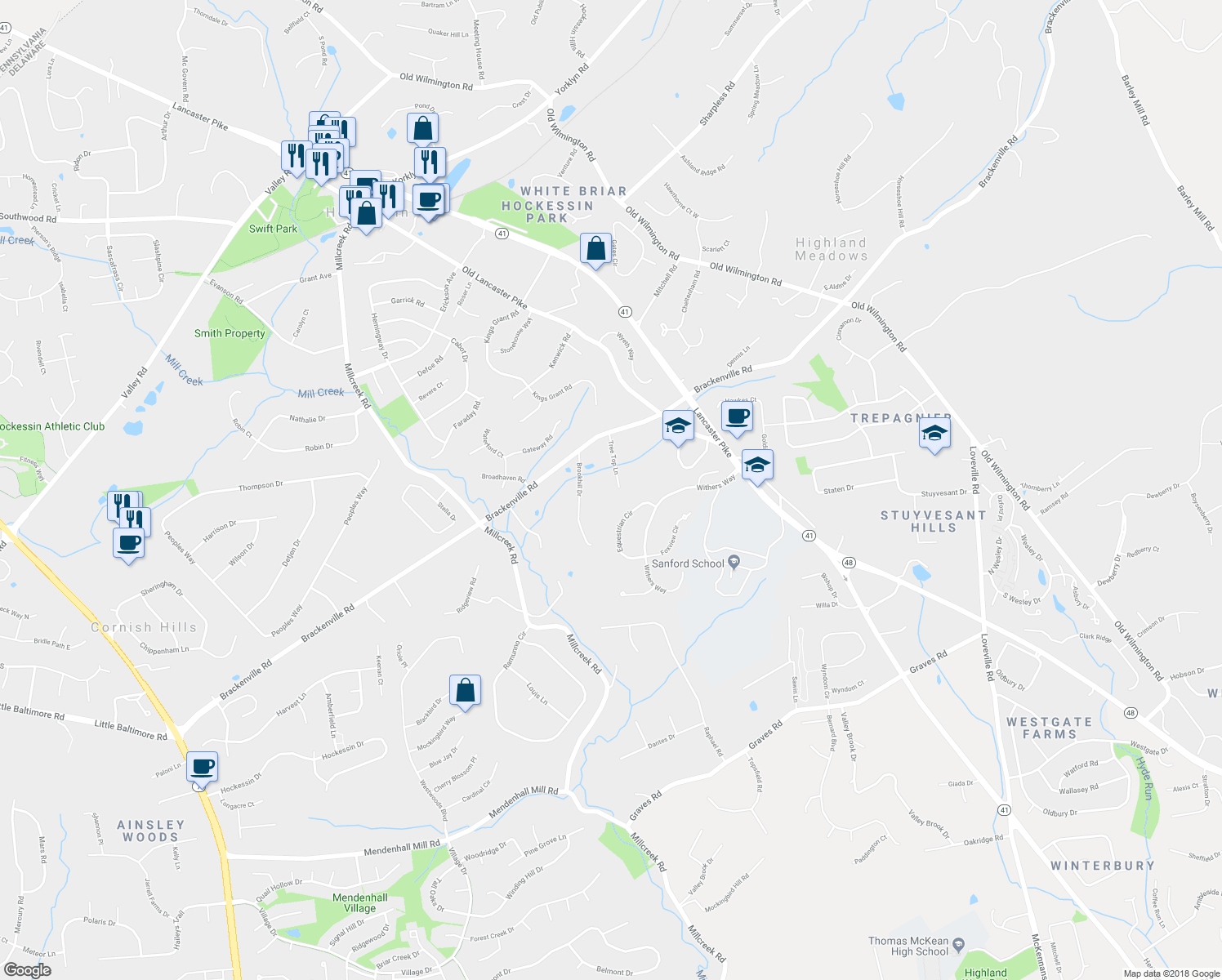 map of restaurants, bars, coffee shops, grocery stores, and more near 230 Tree Top Lane in Hockessin
