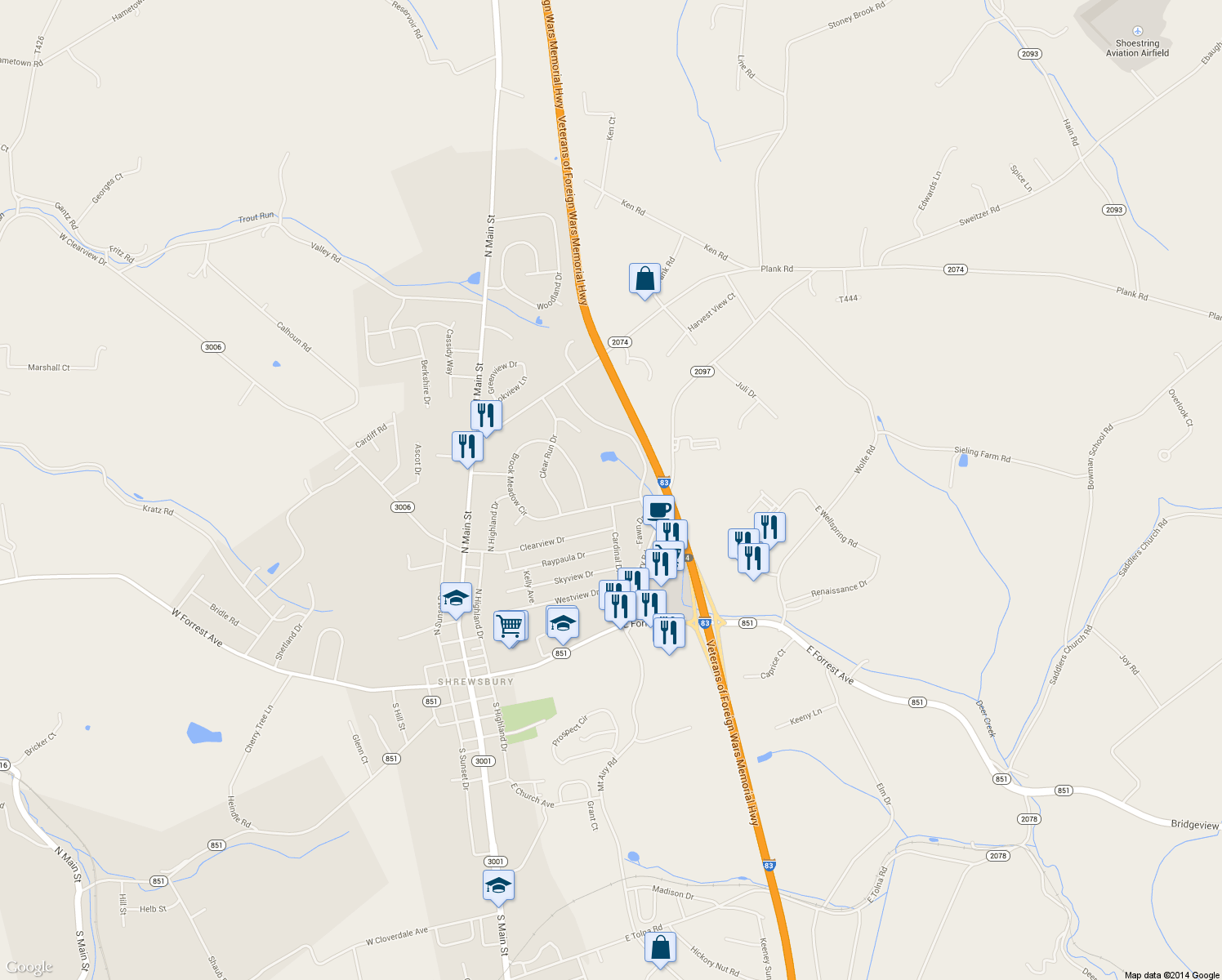 map of restaurants, bars, coffee shops, grocery stores, and more near 107 Brook Meadow Cir in Shrewsbury