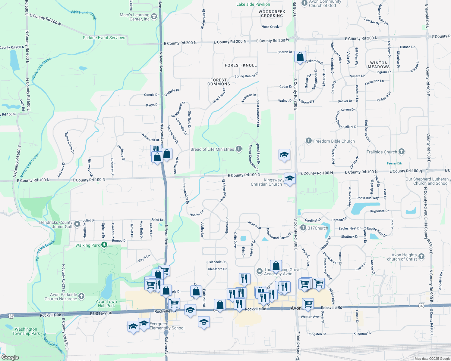 map of restaurants, bars, coffee shops, grocery stores, and more near 975 Harvest Ridge Drive in Avon