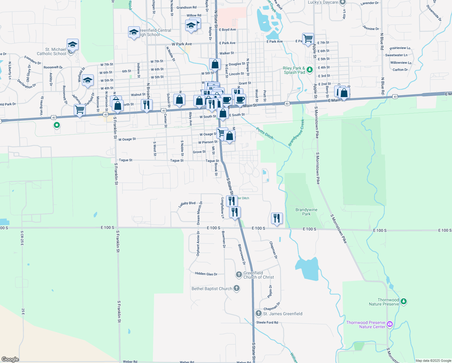 map of restaurants, bars, coffee shops, grocery stores, and more near 716 South State Street in Greenfield