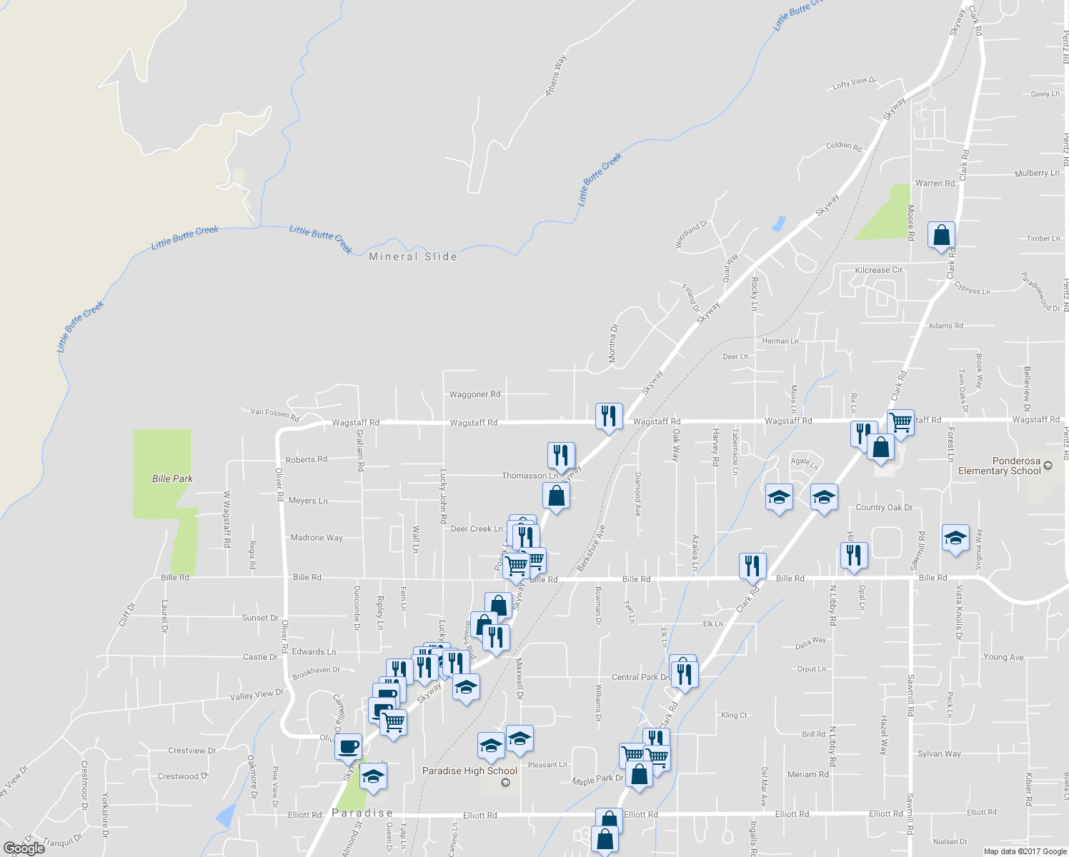 map of restaurants, bars, coffee shops, grocery stores, and more near 998 Wagstaff Road in Paradise