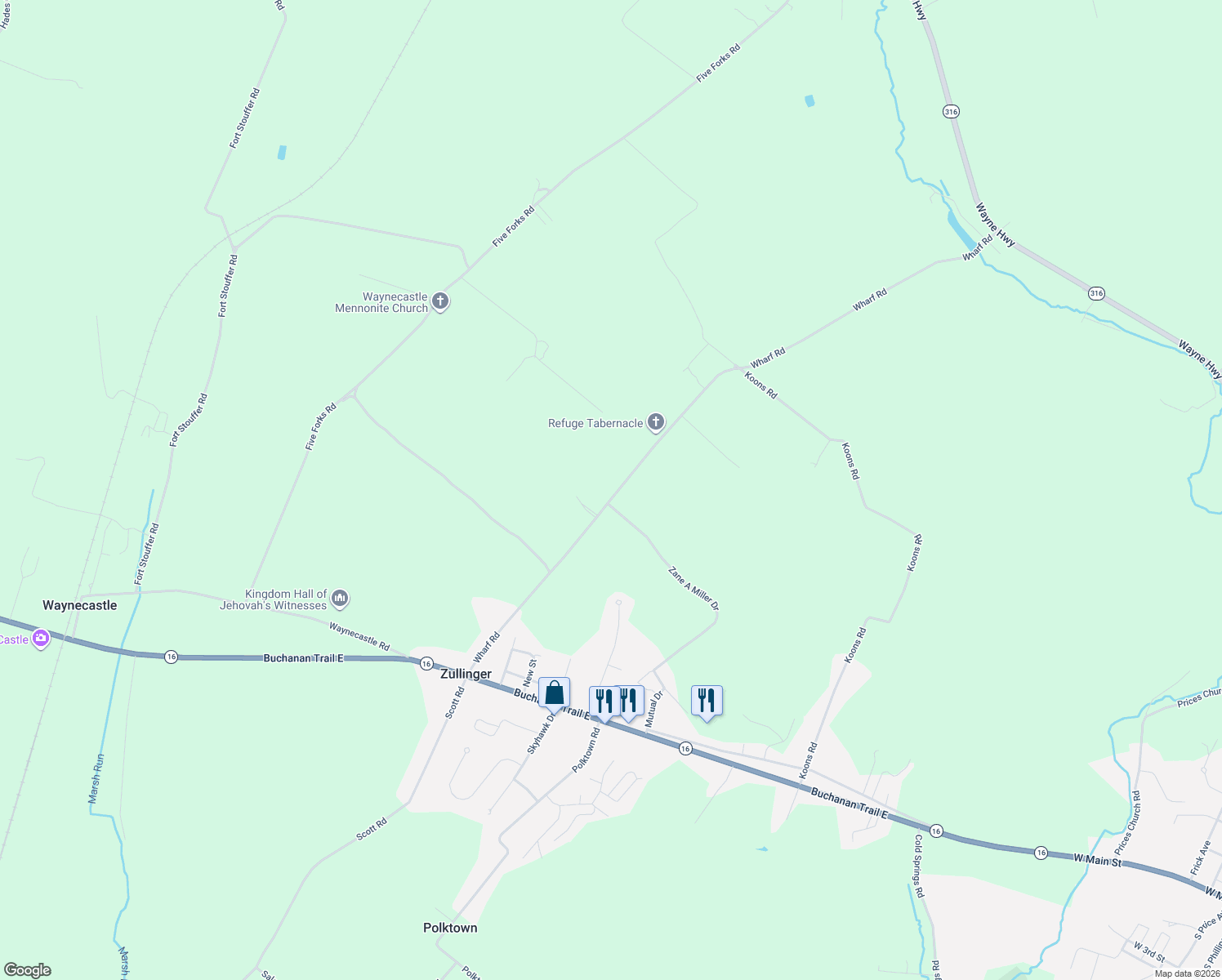map of restaurants, bars, coffee shops, grocery stores, and more near 11281 Wharf Road in Waynesboro