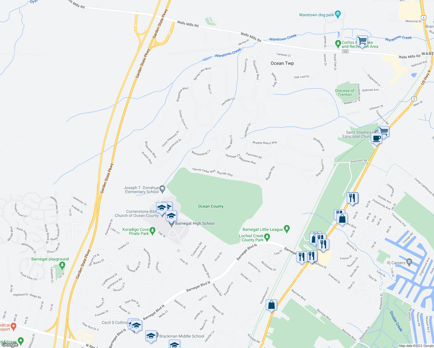 map of restaurants, bars, coffee shops, grocery stores, and more near 29 Bayville Way in Ocean Township