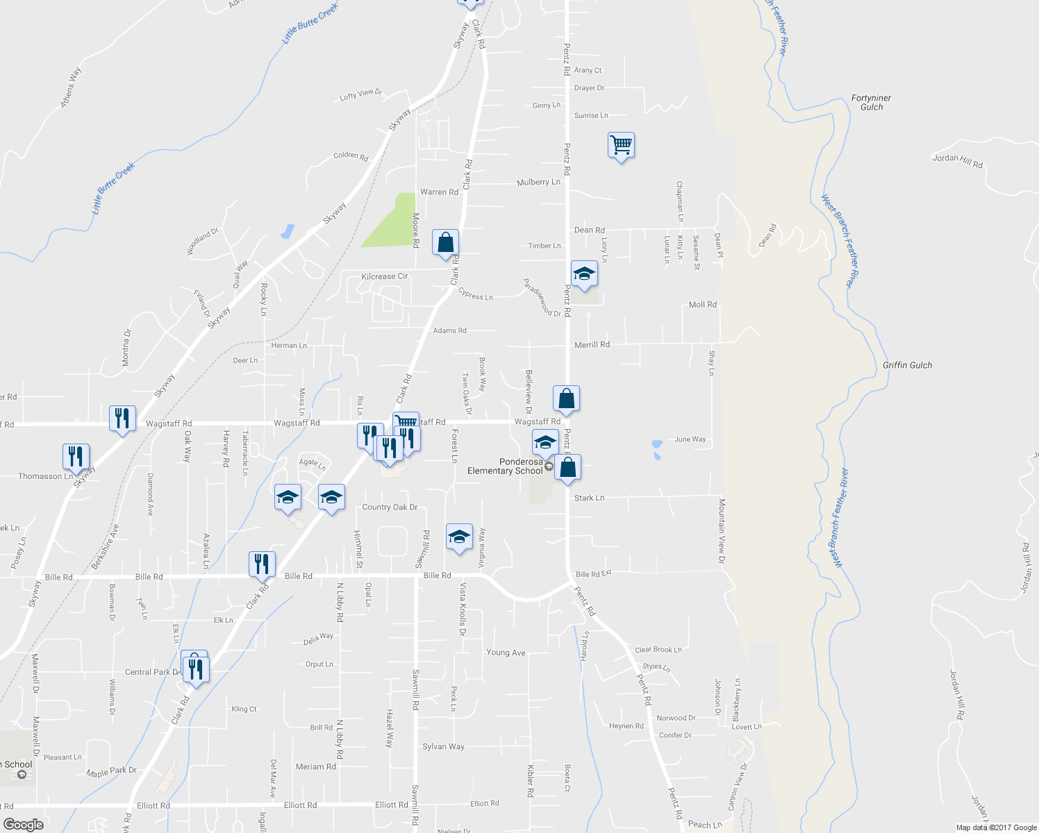 map of restaurants, bars, coffee shops, grocery stores, and more near 1673 Wagstaff Road in Paradise