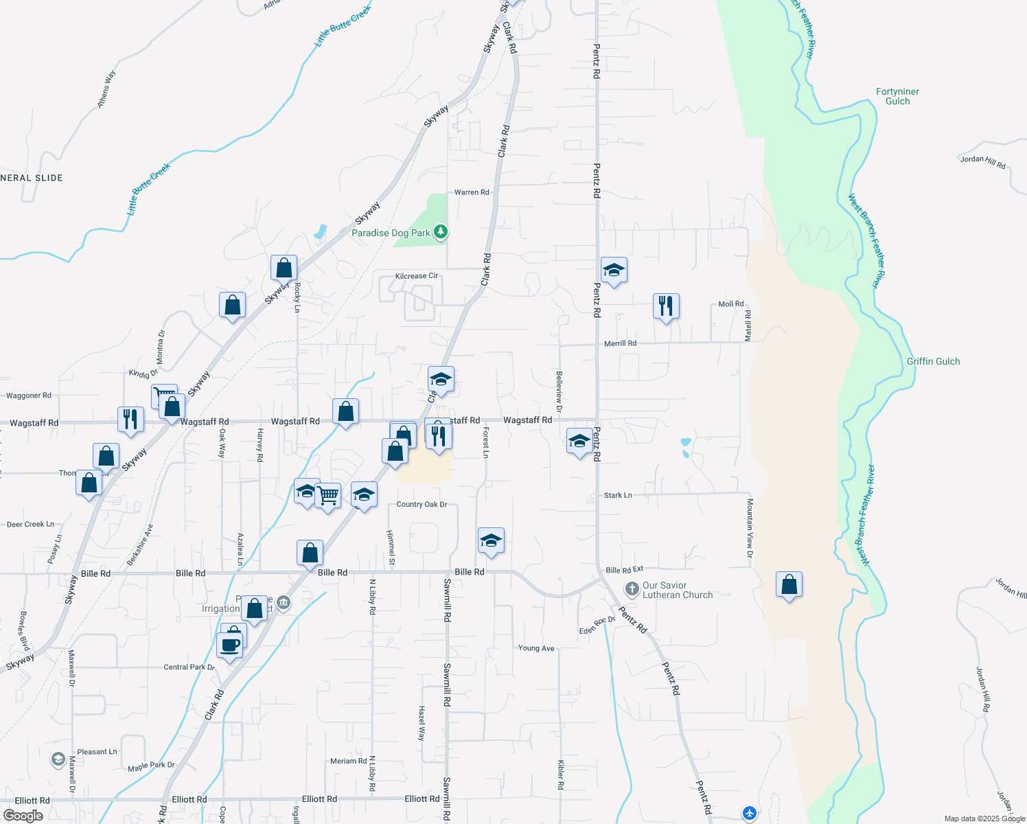 map of restaurants, bars, coffee shops, grocery stores, and more near 6665 Fuhrmann Drive in Paradise