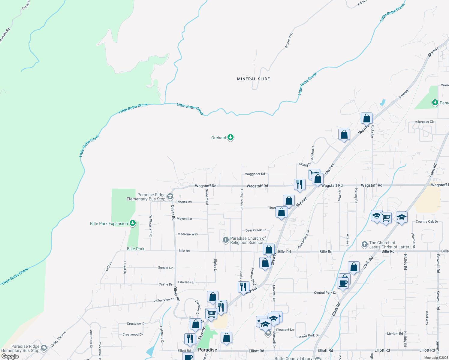 map of restaurants, bars, coffee shops, grocery stores, and more near 6636 View Acres Drive in Paradise