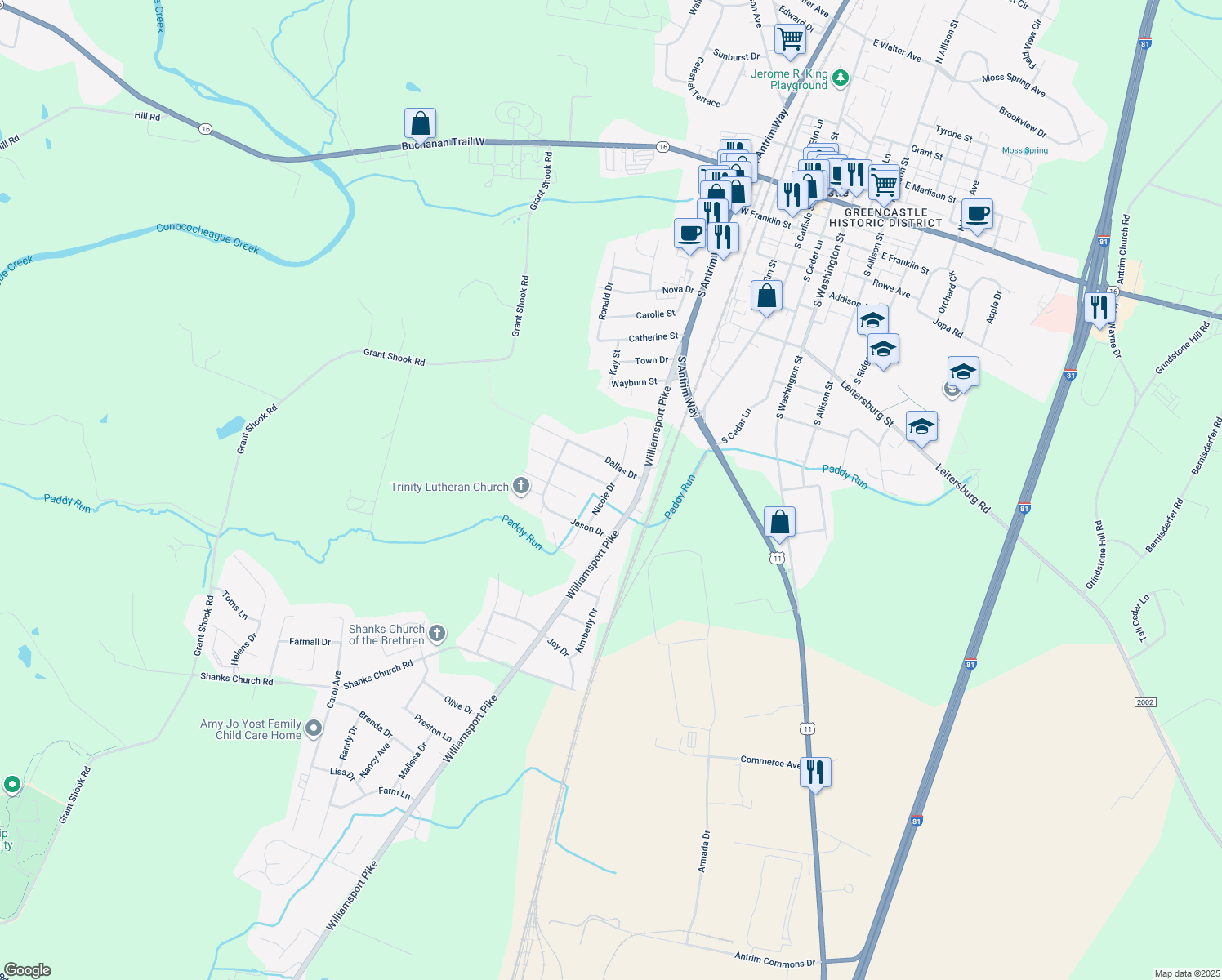 map of restaurants, bars, coffee shops, grocery stores, and more near 11488 Nicole Drive in Greencastle