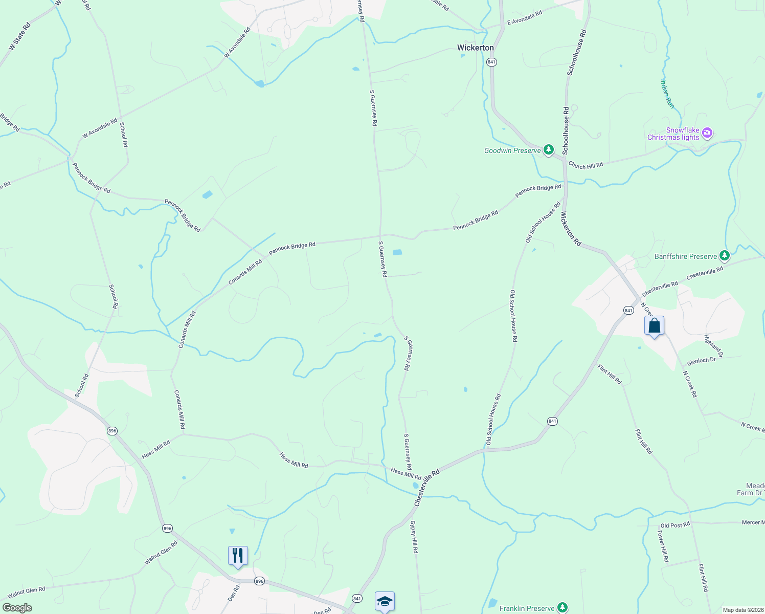 map of restaurants, bars, coffee shops, grocery stores, and more near 702 Guernsey Road South in Lincoln University