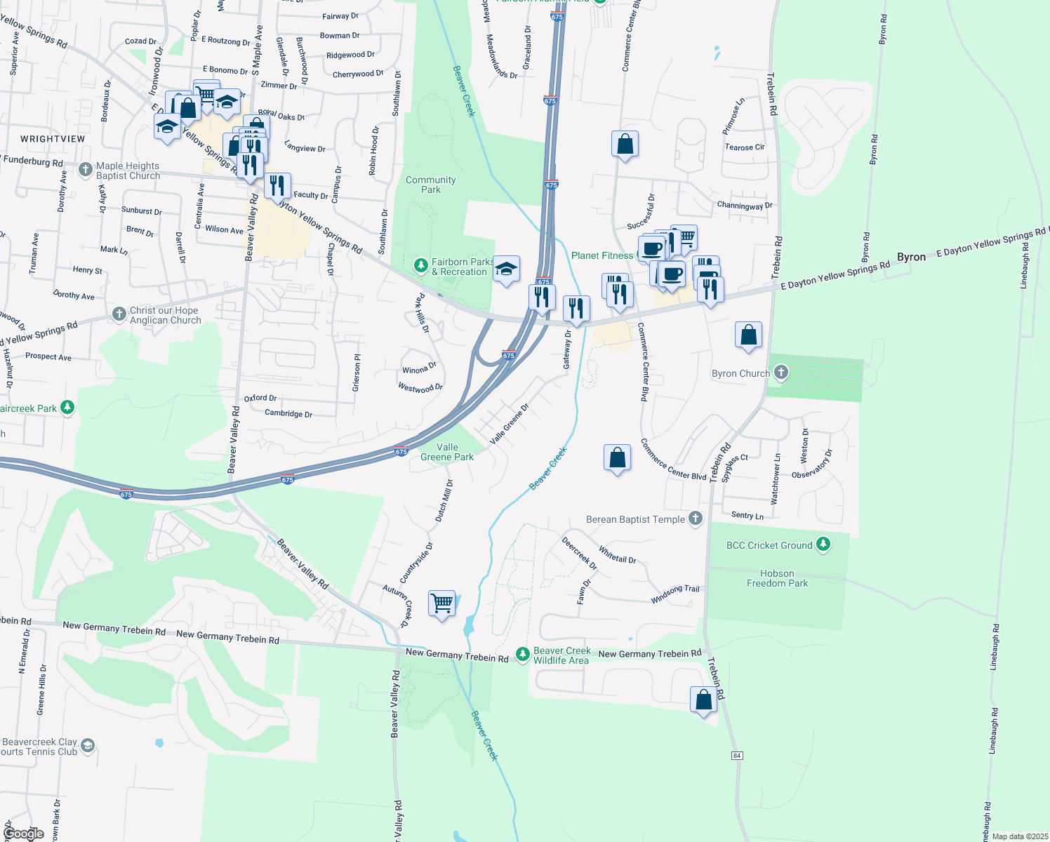 map of restaurants, bars, coffee shops, grocery stores, and more near 961 Willow Ct in Fairborn