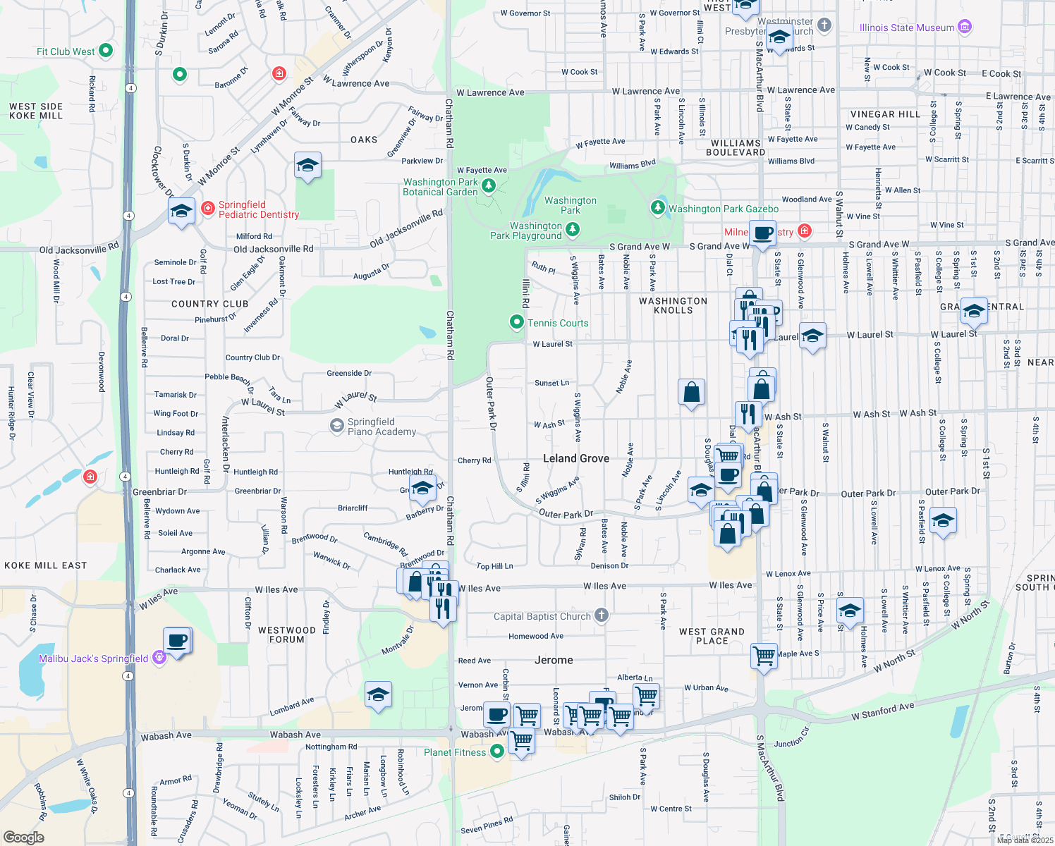 map of restaurants, bars, coffee shops, grocery stores, and more near 1898 W Ash St in Leland Grove