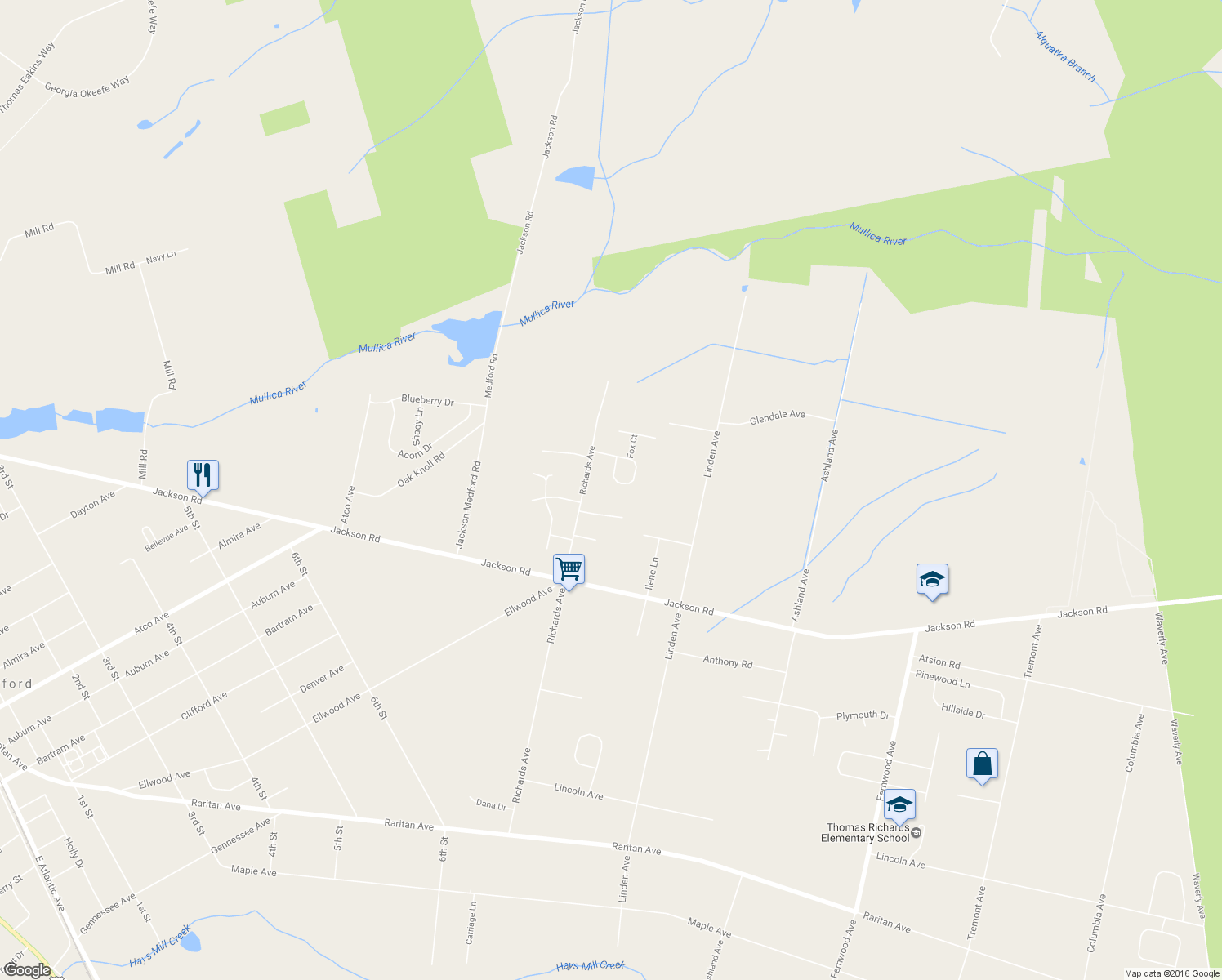 map of restaurants, bars, coffee shops, grocery stores, and more near 748 Fox Run Drive in Atco