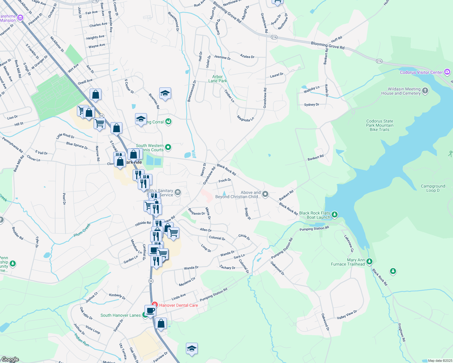 map of restaurants, bars, coffee shops, grocery stores, and more near 33 Frock Drive in Hanover