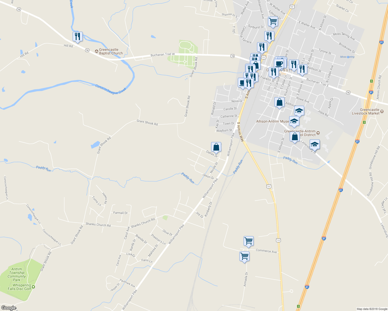 map of restaurants, bars, coffee shops, grocery stores, and more near 1218 Briarbend Way in Greencastle