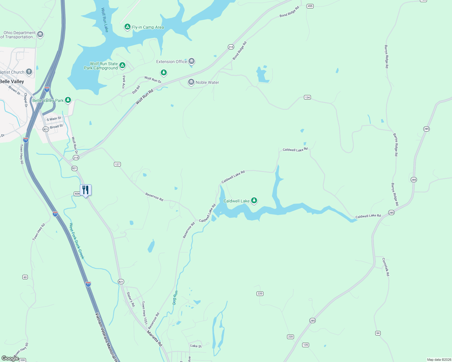 map of restaurants, bars, coffee shops, grocery stores, and more near 47044 Caldwell Lake Road in Caldwell