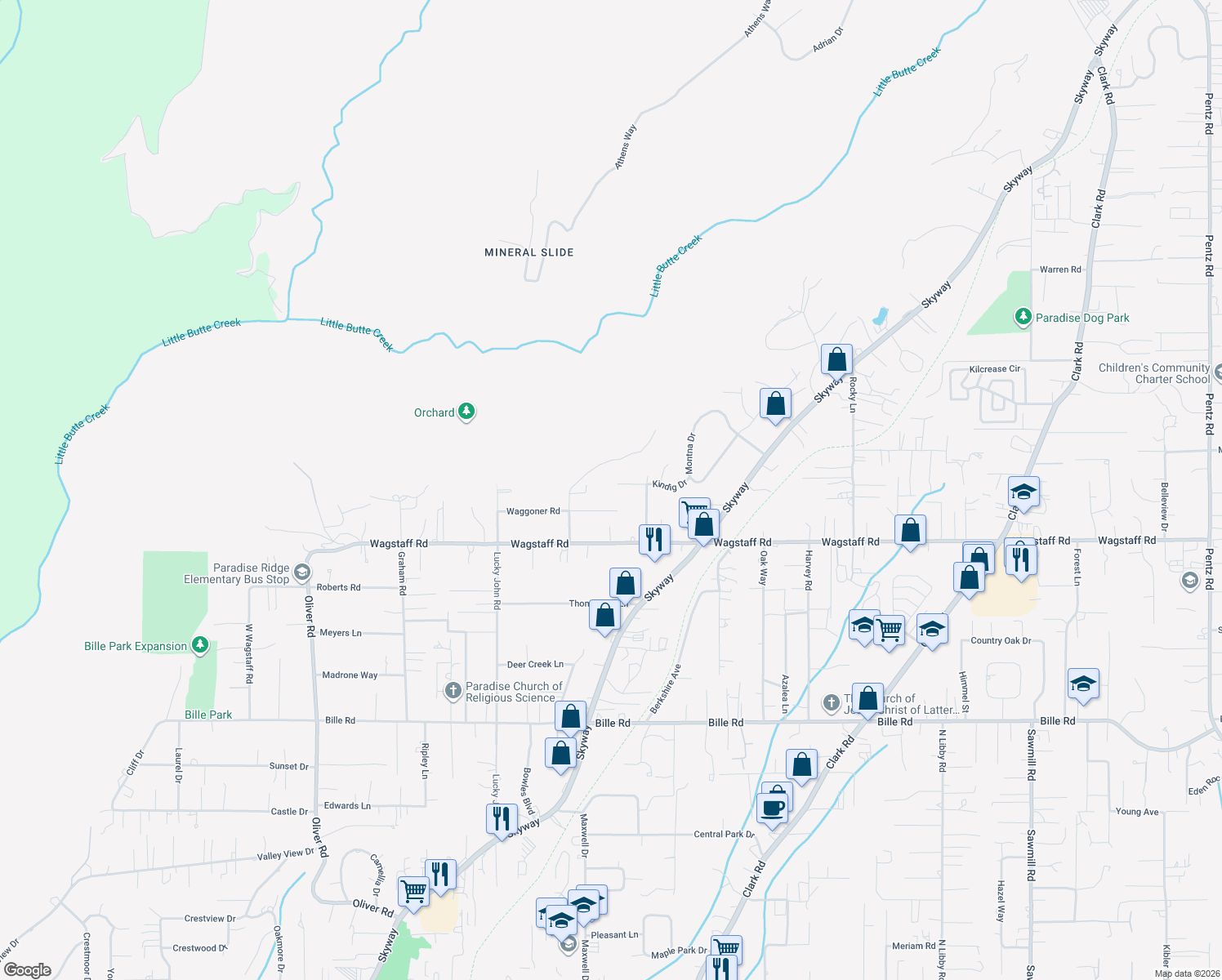 map of restaurants, bars, coffee shops, grocery stores, and more near 981 Waggoner Road in Paradise