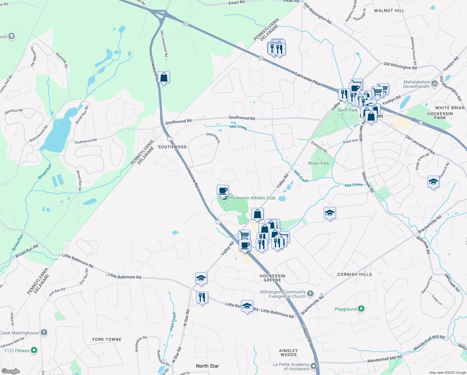 map of restaurants, bars, coffee shops, grocery stores, and more near 302 Hadley Ct in Hockessin