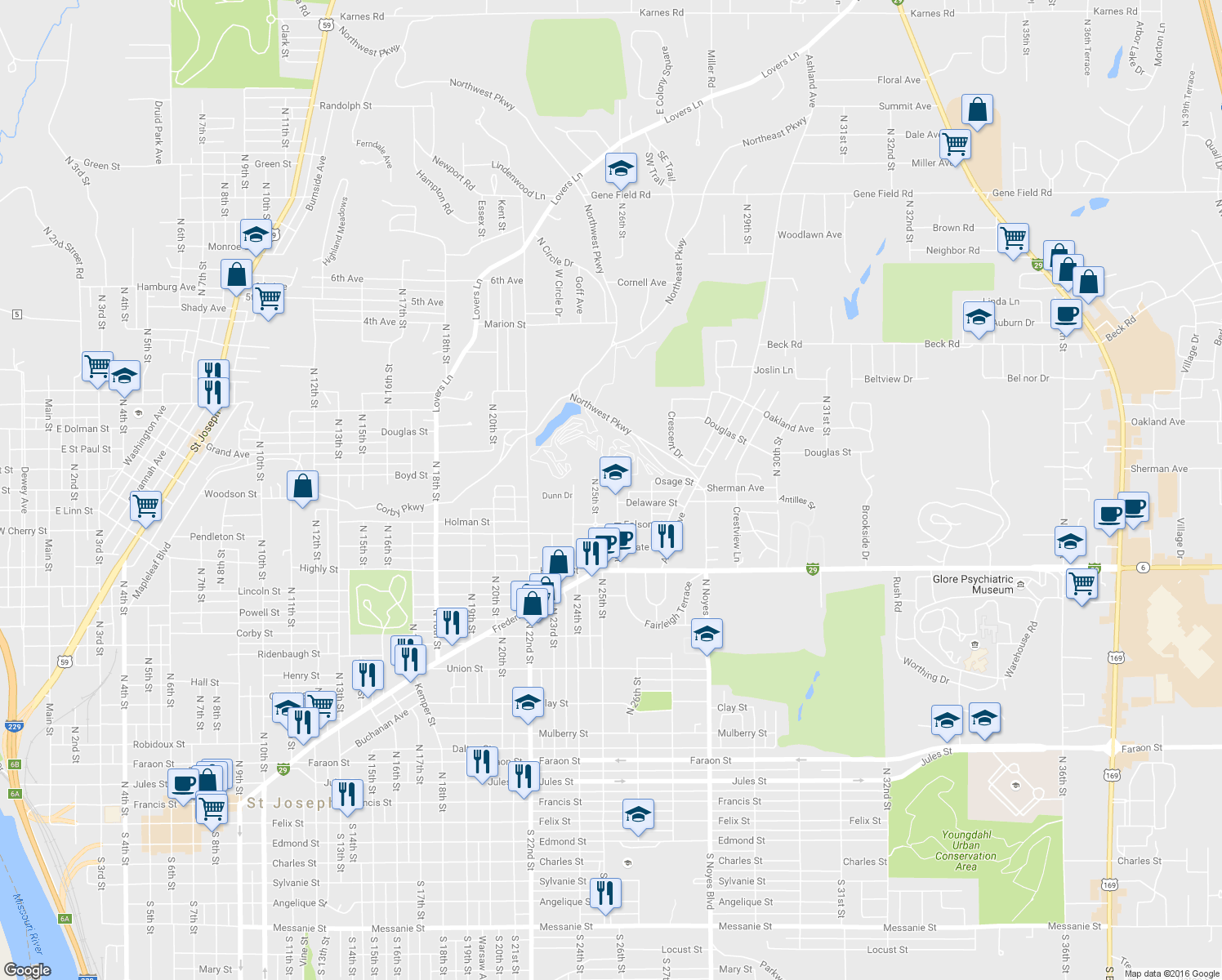 map of restaurants, bars, coffee shops, grocery stores, and more near 1418 North 26th Street in Saint Joseph