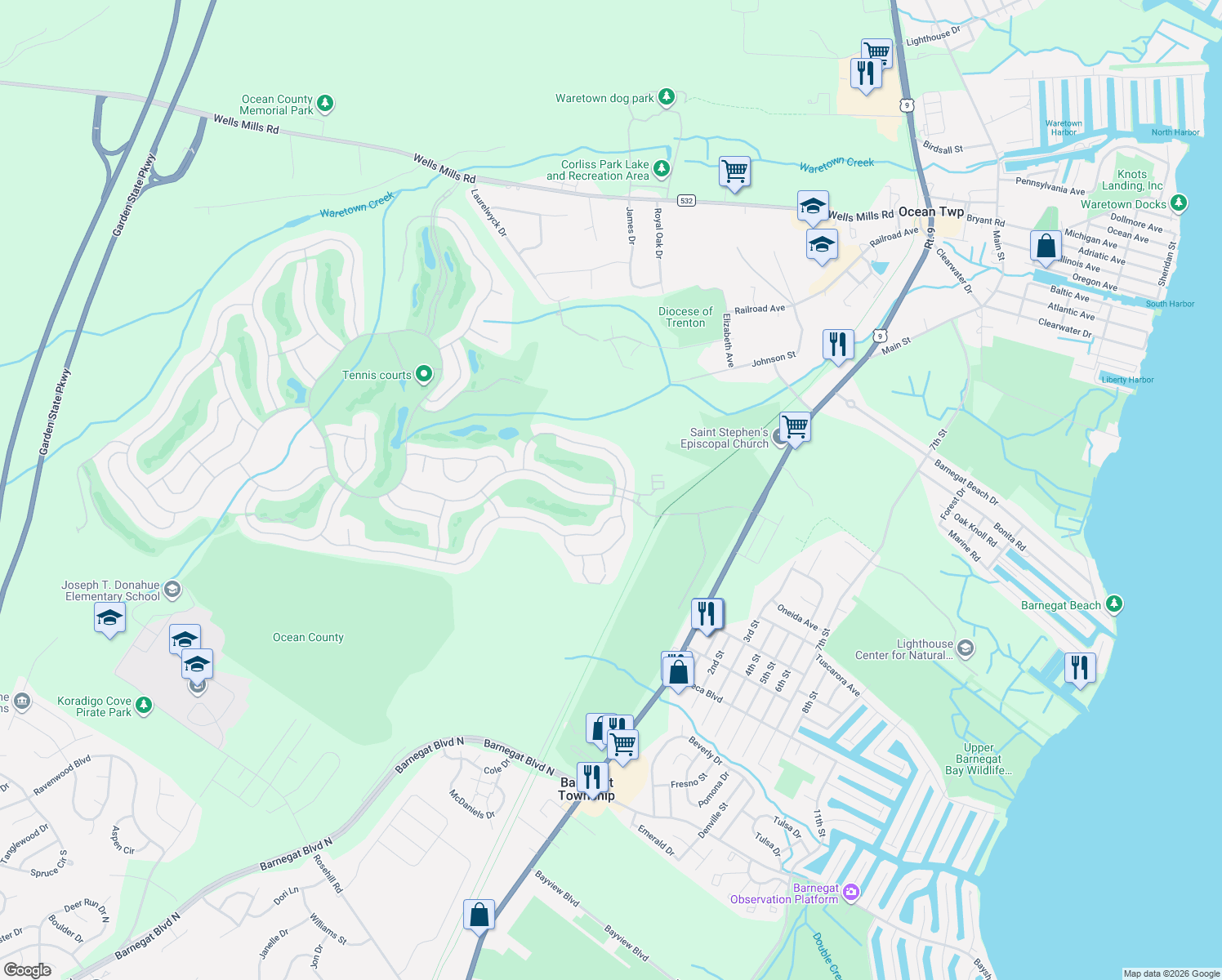 map of restaurants, bars, coffee shops, grocery stores, and more near 93 Pancoast Road in Ocean Township