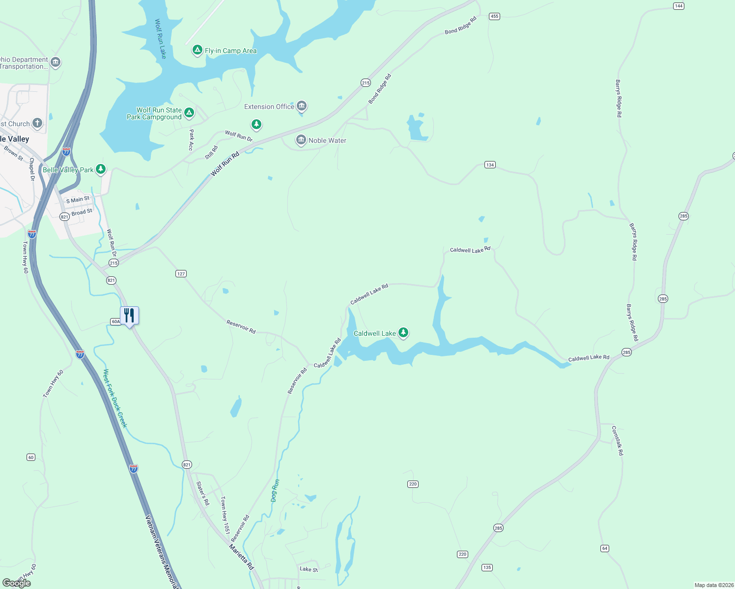 map of restaurants, bars, coffee shops, grocery stores, and more near 47044 Caldwell Lake Road in Caldwell