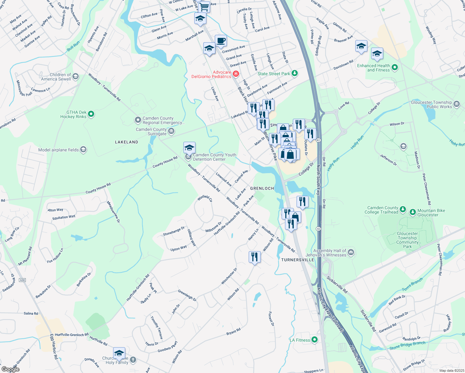 map of restaurants, bars, coffee shops, grocery stores, and more near 102 Central Lane in Washington Township