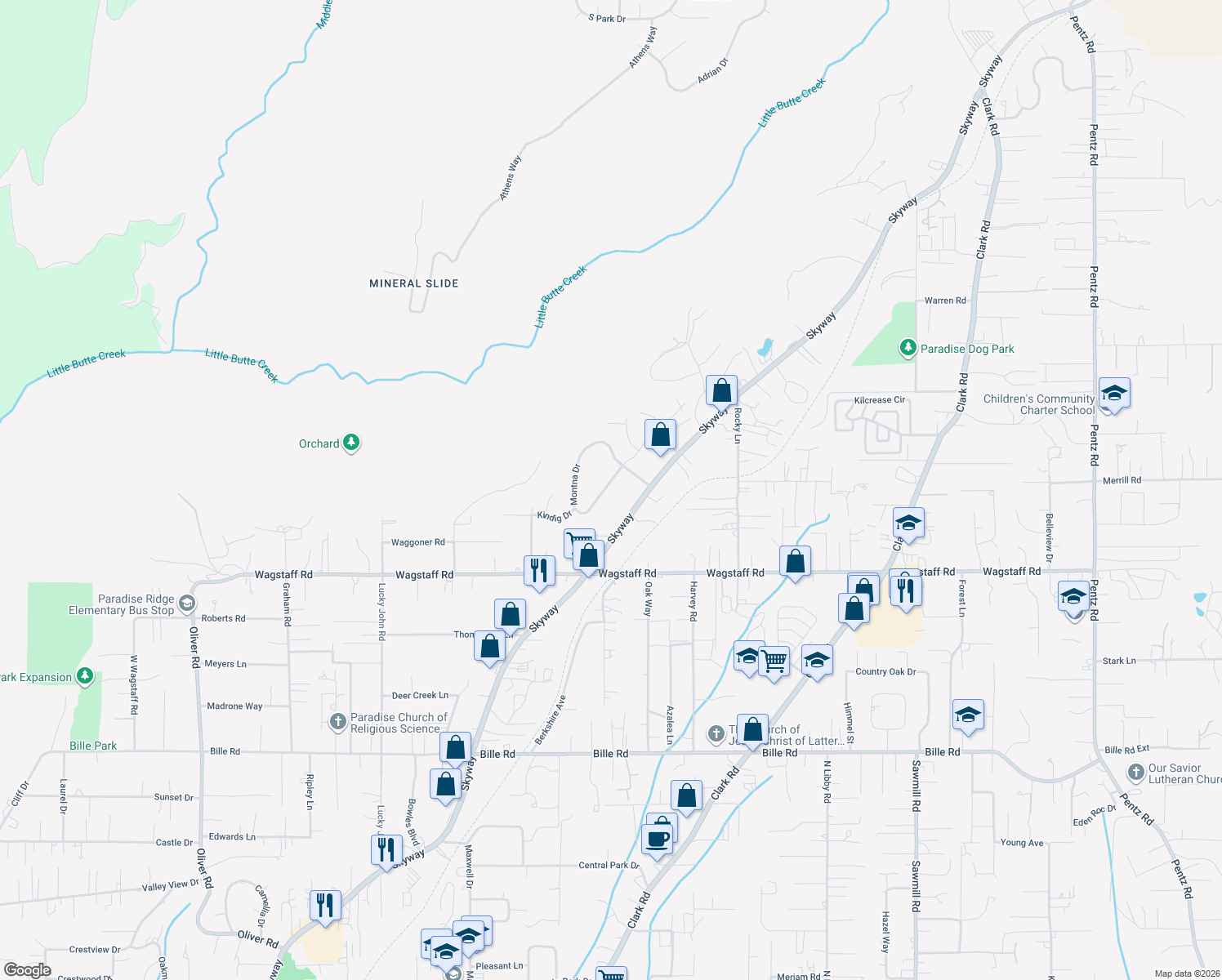 map of restaurants, bars, coffee shops, grocery stores, and more near 8470 Montna Drive in Paradise