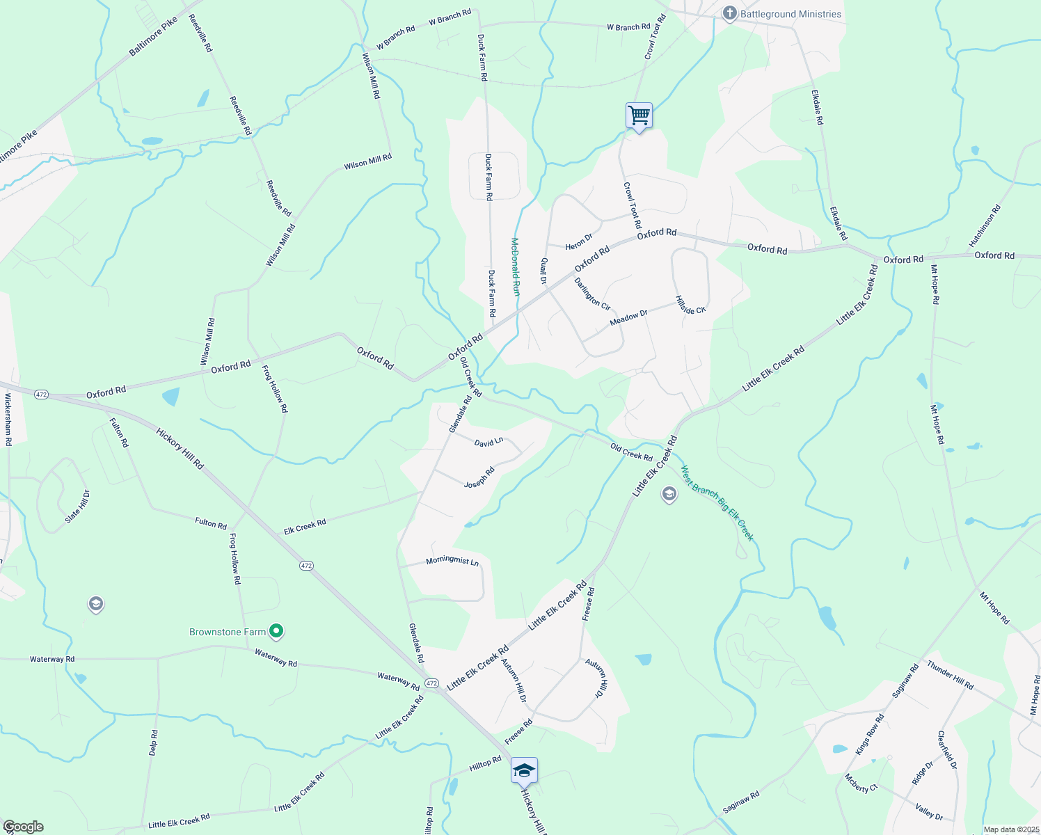 map of restaurants, bars, coffee shops, grocery stores, and more near 273 Old Creek Road in Oxford