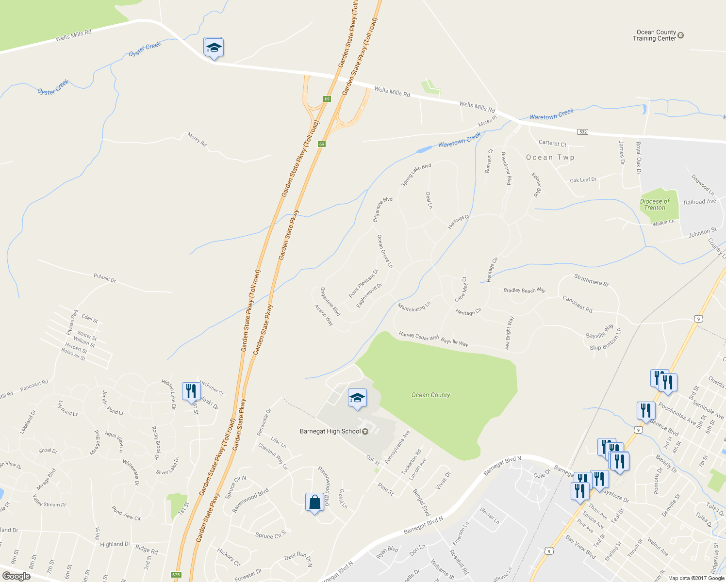 map of restaurants, bars, coffee shops, grocery stores, and more near 32 Eagleswood Drive in Ocean Township