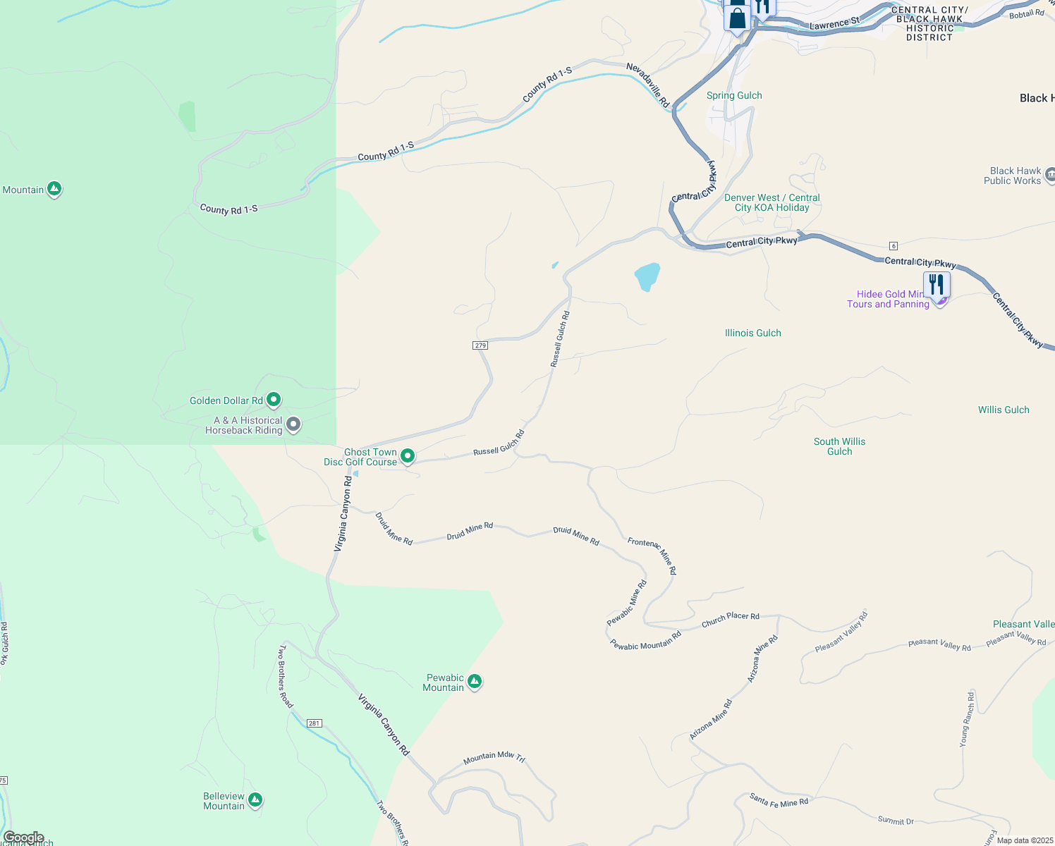map of restaurants, bars, coffee shops, grocery stores, and more near Russell Gulch Rd in Central City