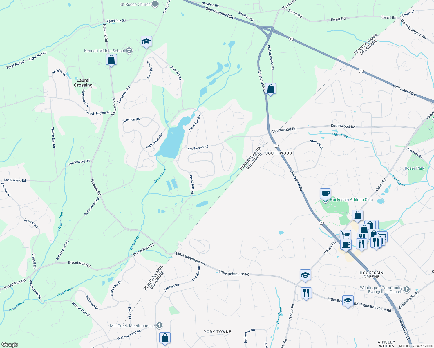 map of restaurants, bars, coffee shops, grocery stores, and more near 3009 Rosemont Drive in Landenberg
