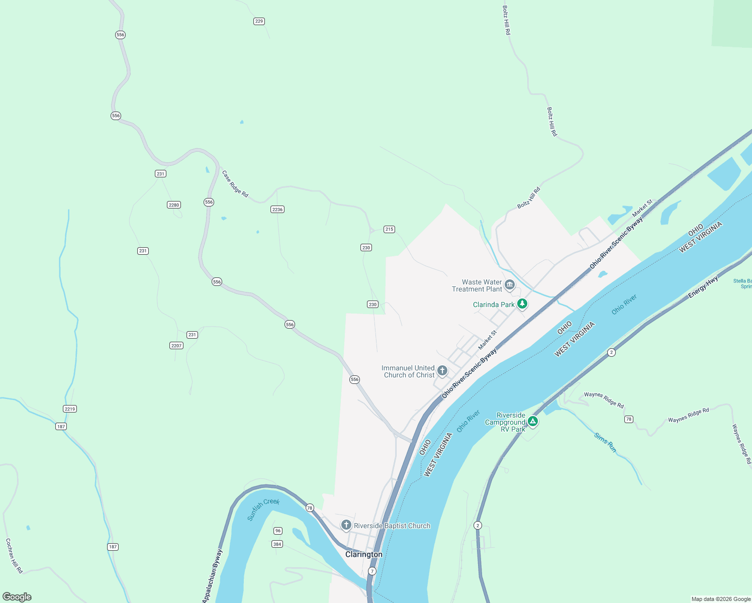 map of restaurants, bars, coffee shops, grocery stores, and more near 52205-52215 Case Ridge Road in Clarington