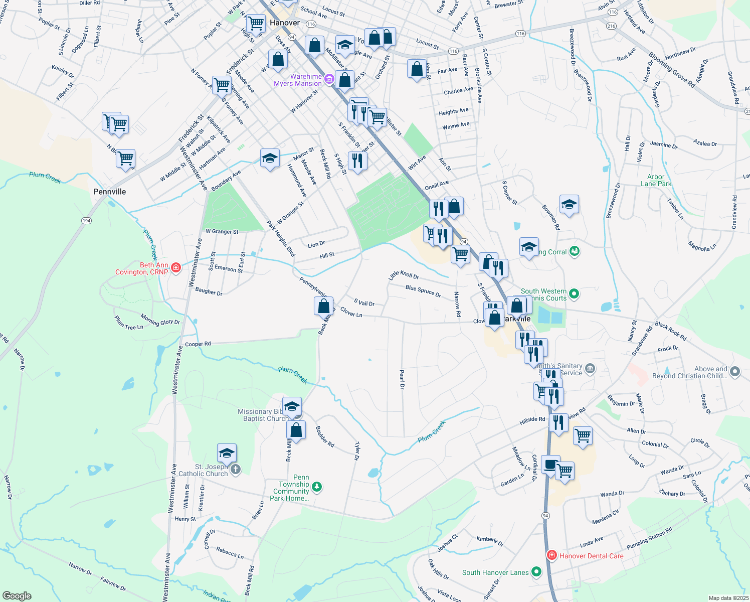 map of restaurants, bars, coffee shops, grocery stores, and more near 5 South Vail Drive in Hanover