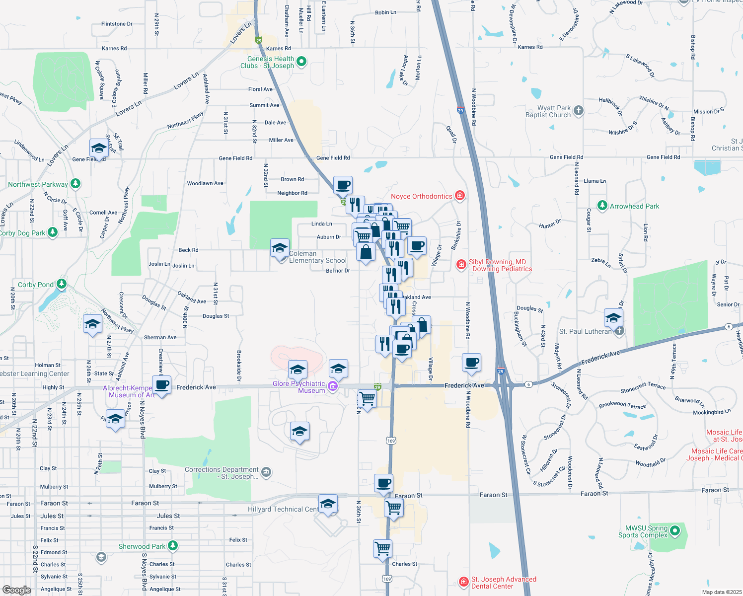 map of restaurants, bars, coffee shops, grocery stores, and more near 1601 North 36th Street in St. Joseph