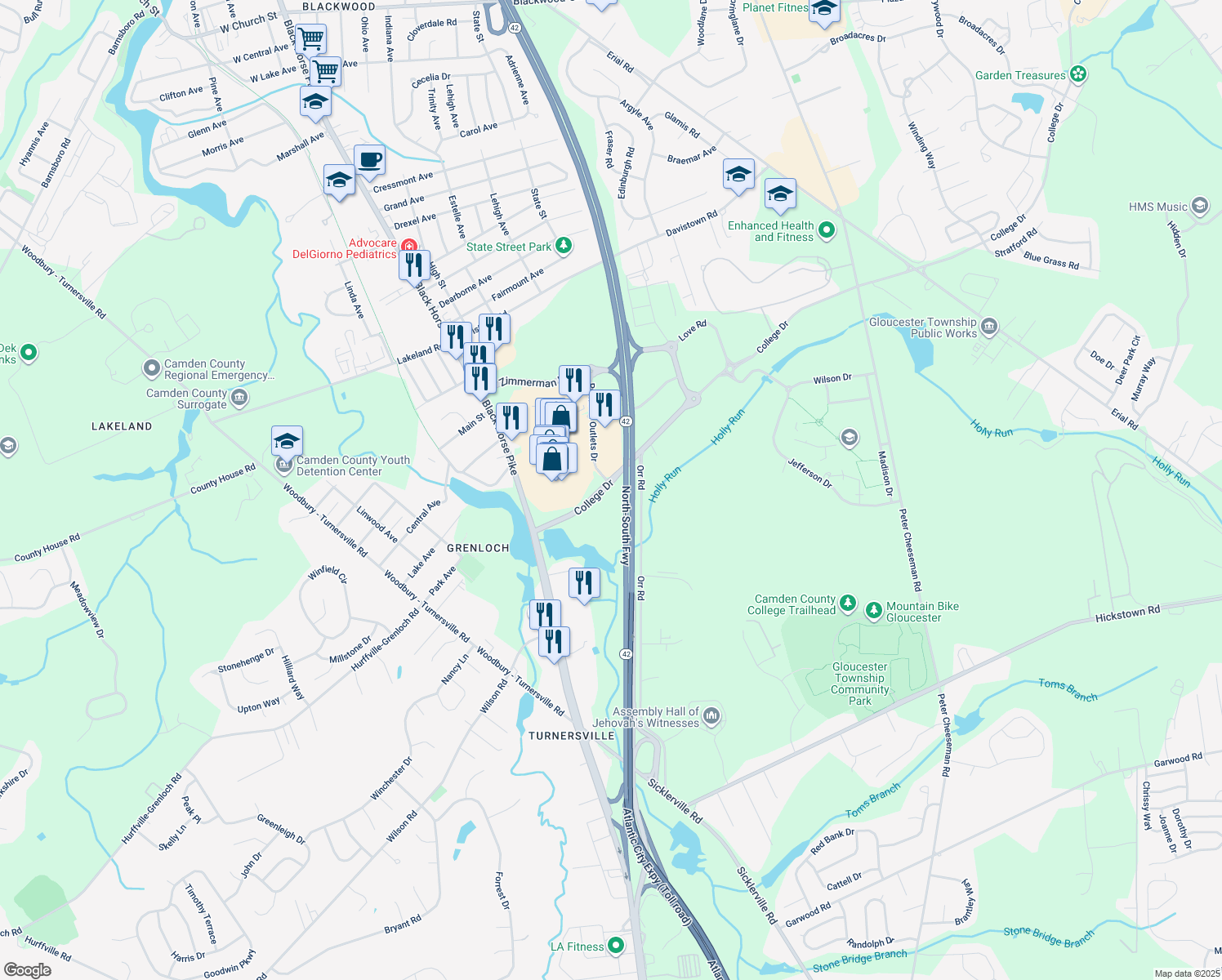 map of restaurants, bars, coffee shops, grocery stores, and more near 150 College Drive in Camden County