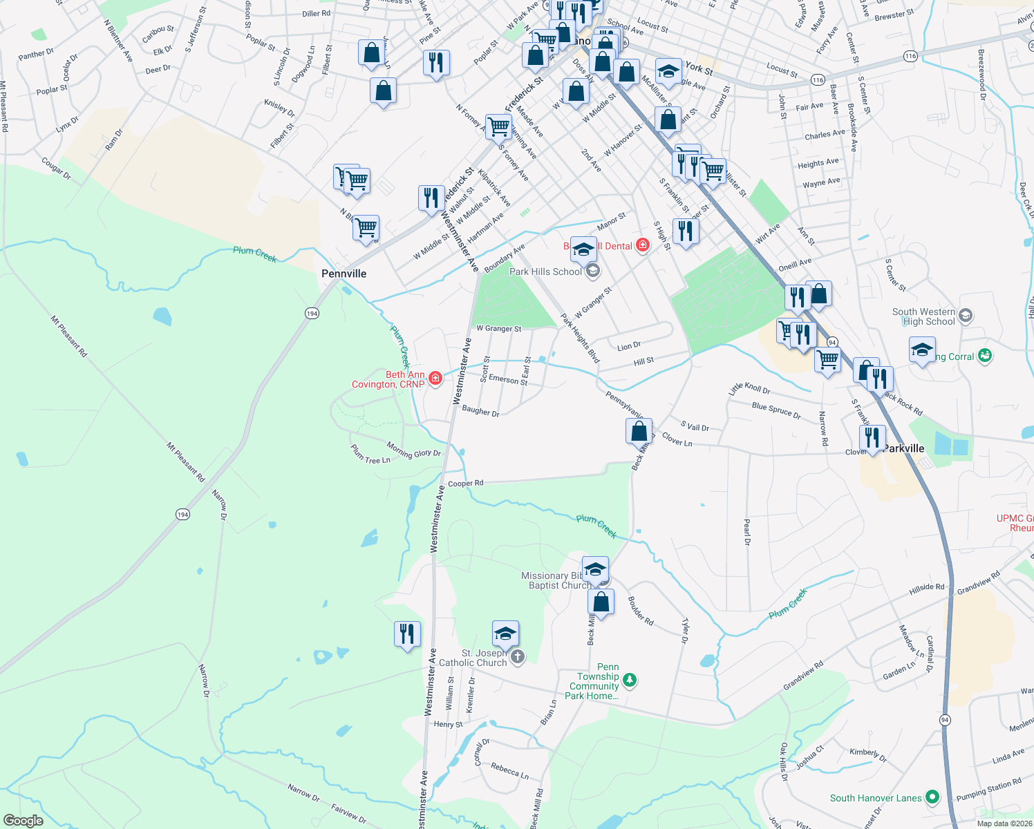 map of restaurants, bars, coffee shops, grocery stores, and more near 170 Baugher Dr in Hanover