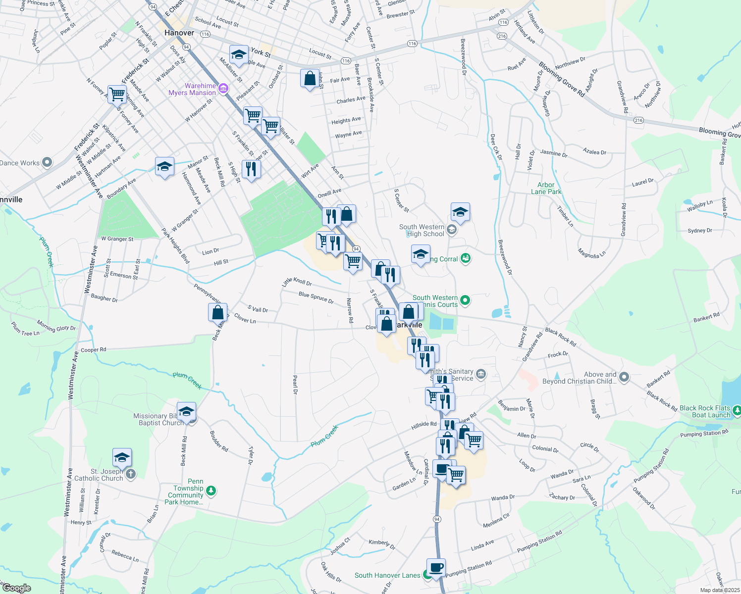 map of restaurants, bars, coffee shops, grocery stores, and more near 933 S Franklin St in Hanover