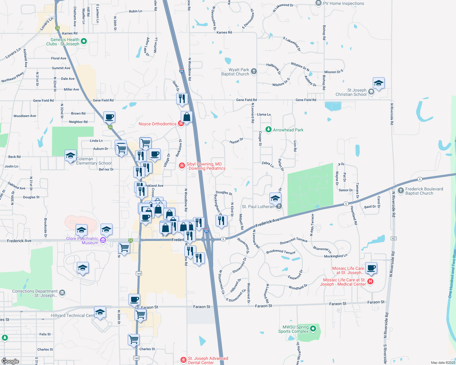 map of restaurants, bars, coffee shops, grocery stores, and more near 4217 Oakland Cir in St Joseph