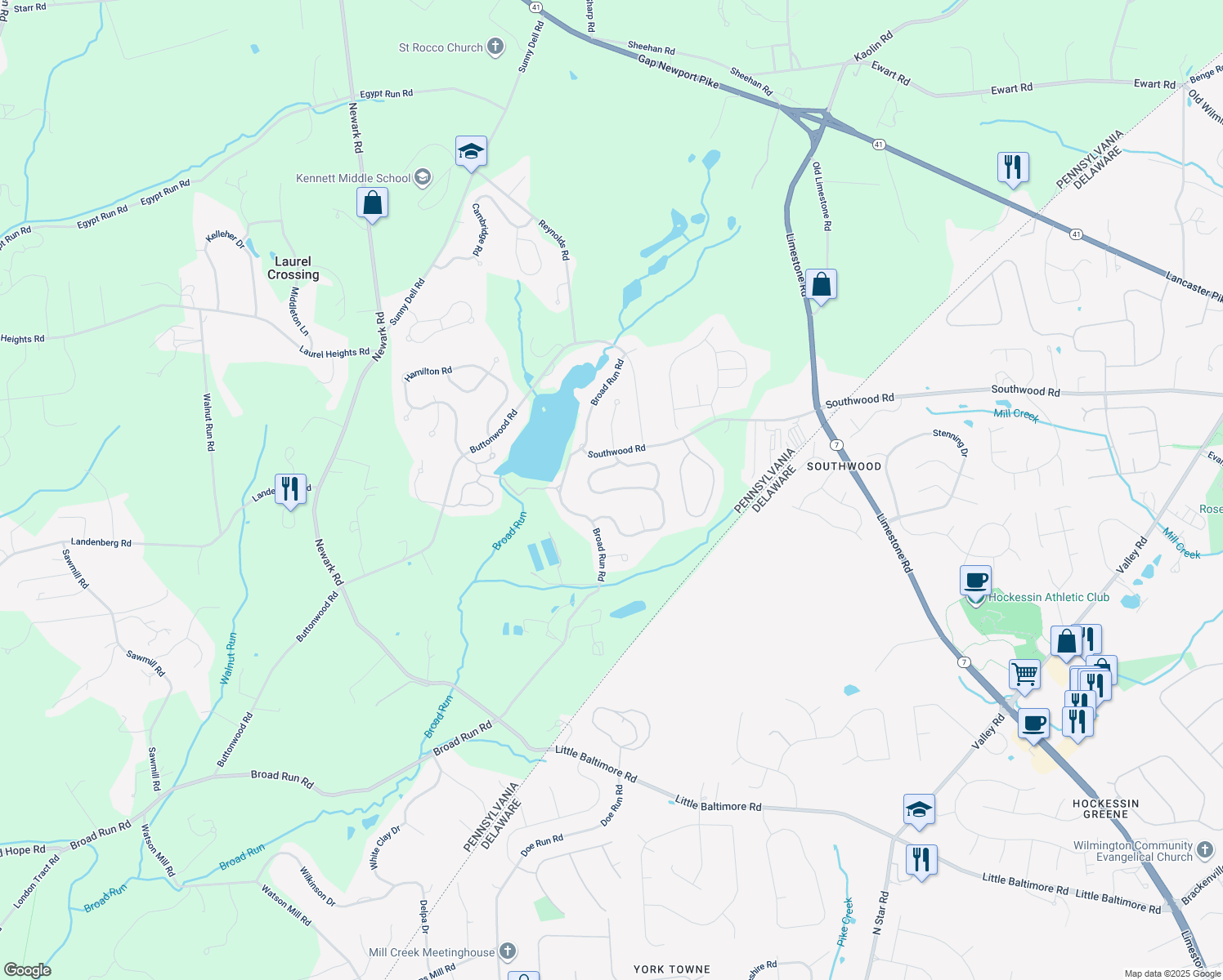 map of restaurants, bars, coffee shops, grocery stores, and more near 1034 Saint George's Lane in Landenberg