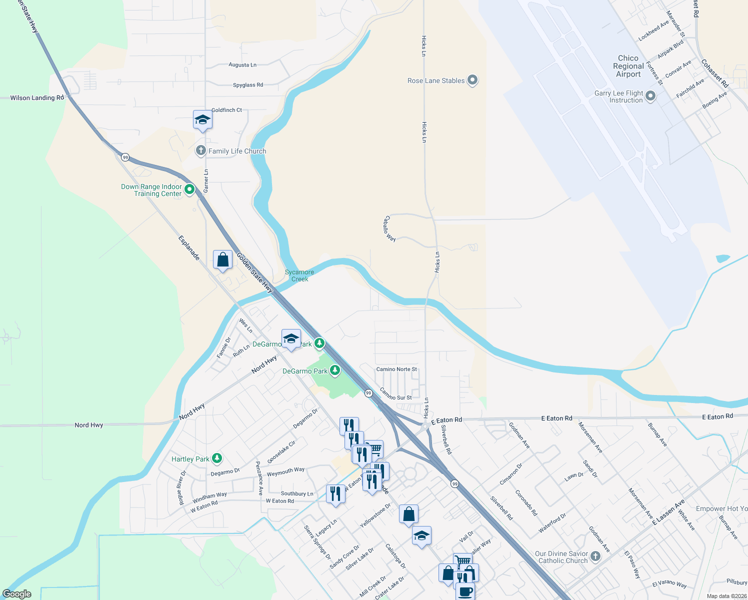 map of restaurants, bars, coffee shops, grocery stores, and more near 309 Sycamore Drive in Chico