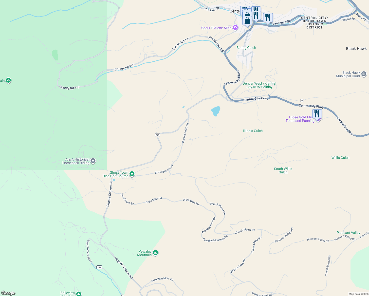 map of restaurants, bars, coffee shops, grocery stores, and more near Upper Russell Gulch Rd in Central City