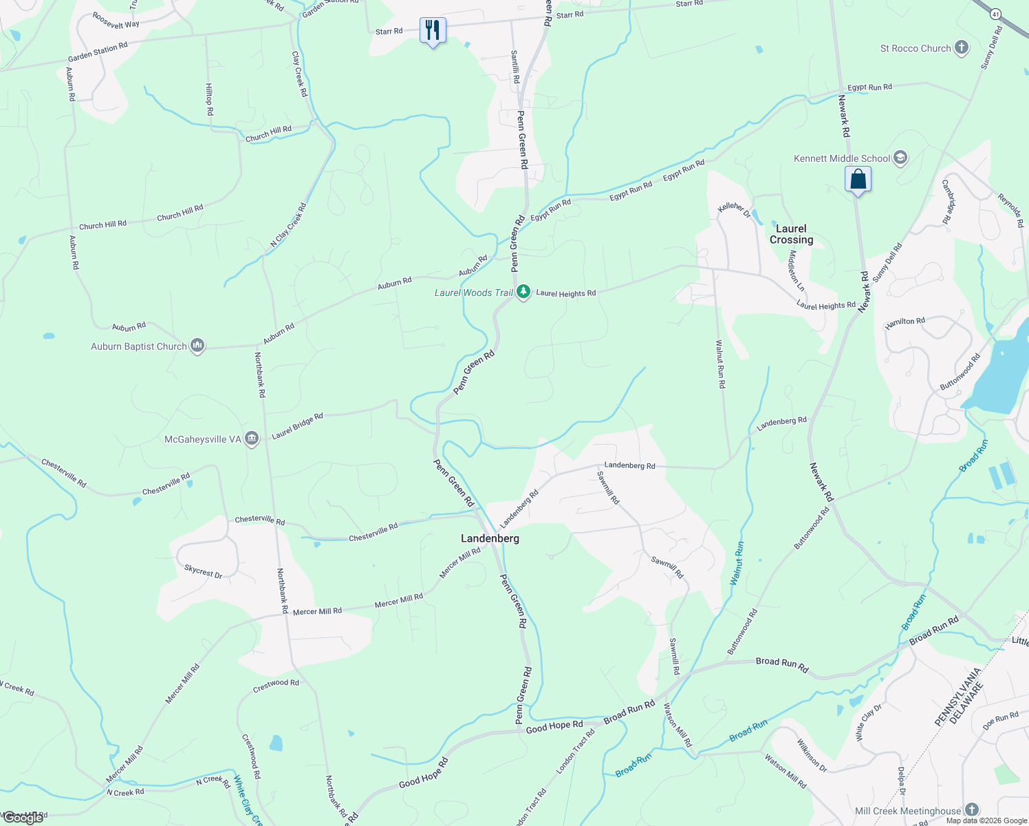map of restaurants, bars, coffee shops, grocery stores, and more near 205 Dangina Drive in Landenberg