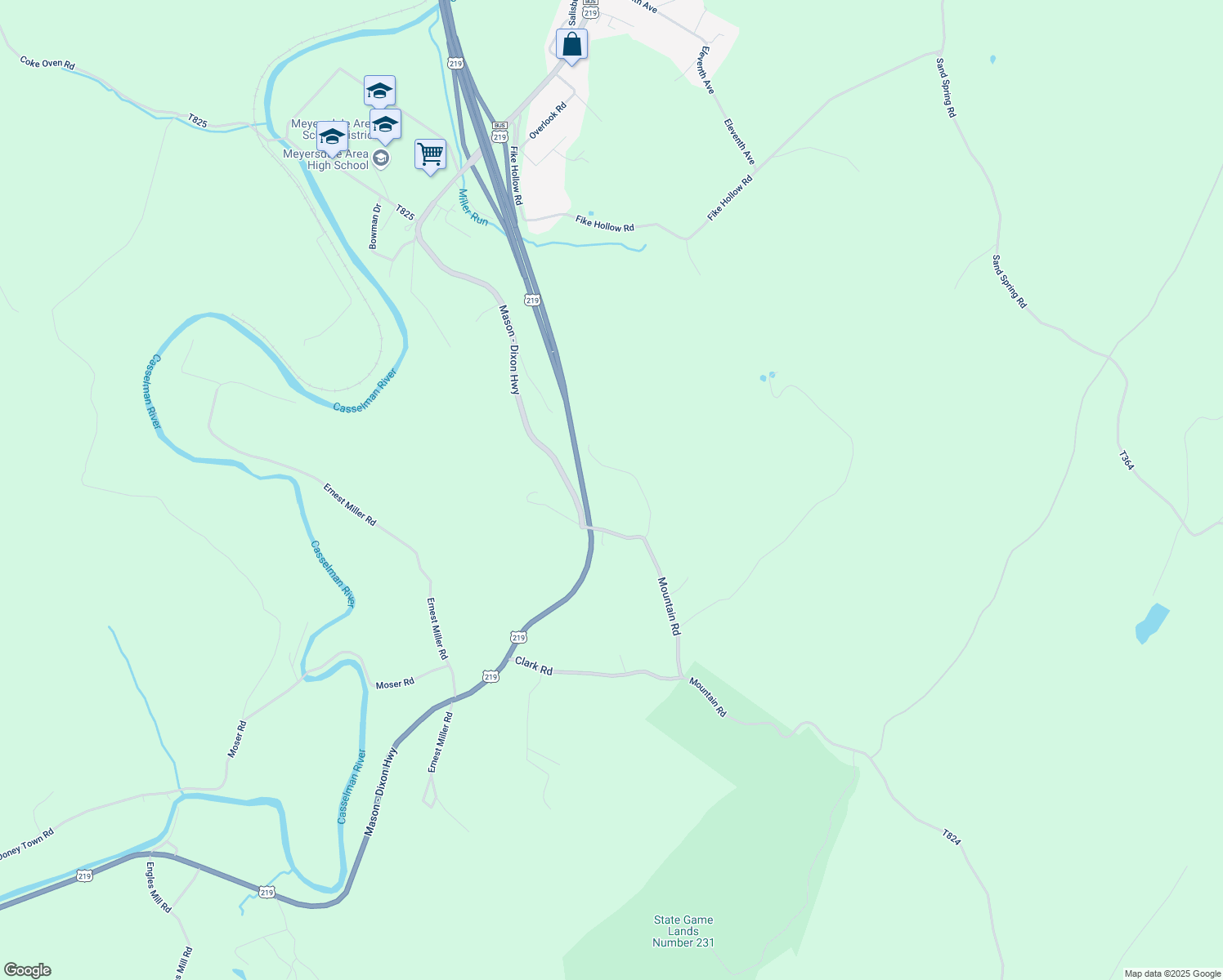 map of restaurants, bars, coffee shops, grocery stores, and more near 1537 Mountain Road in Meyersdale