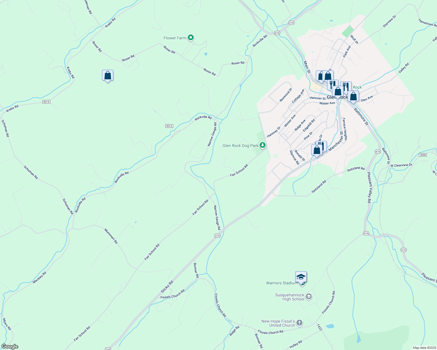 map of restaurants, bars, coffee shops, grocery stores, and more near 5858 Fair School Rd in Glen Rock