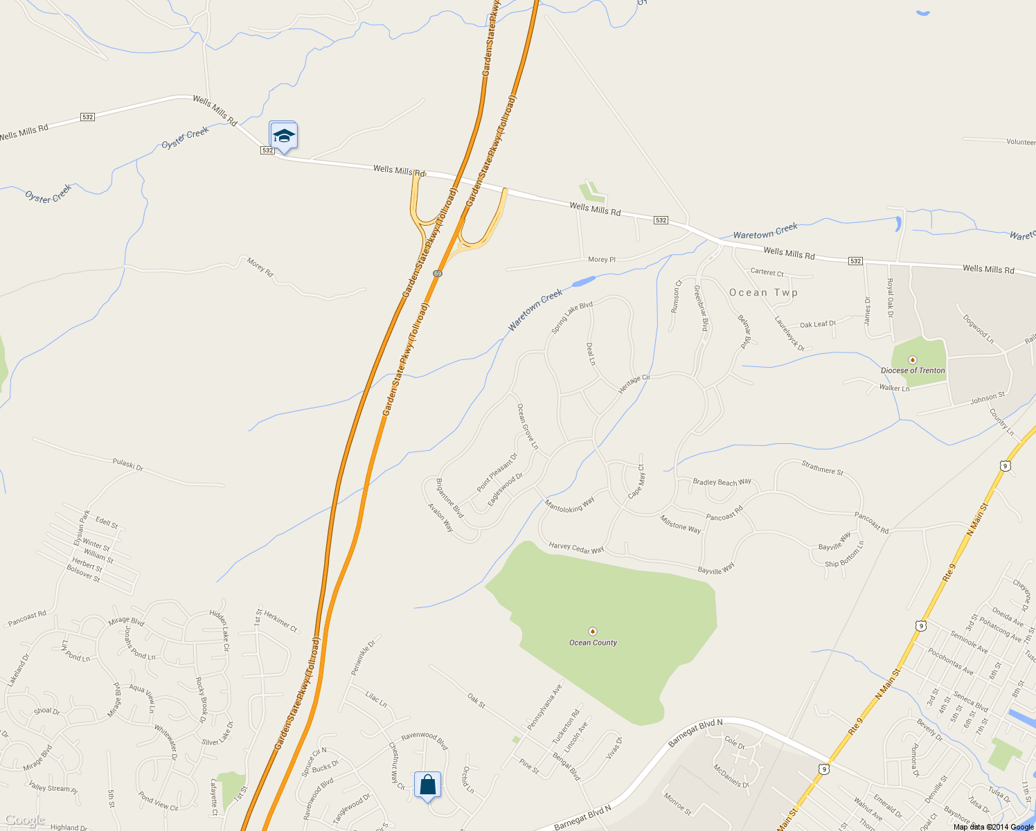 map of restaurants, bars, coffee shops, grocery stores, and more near 29 Ocean Grove Lane in Ocean Township