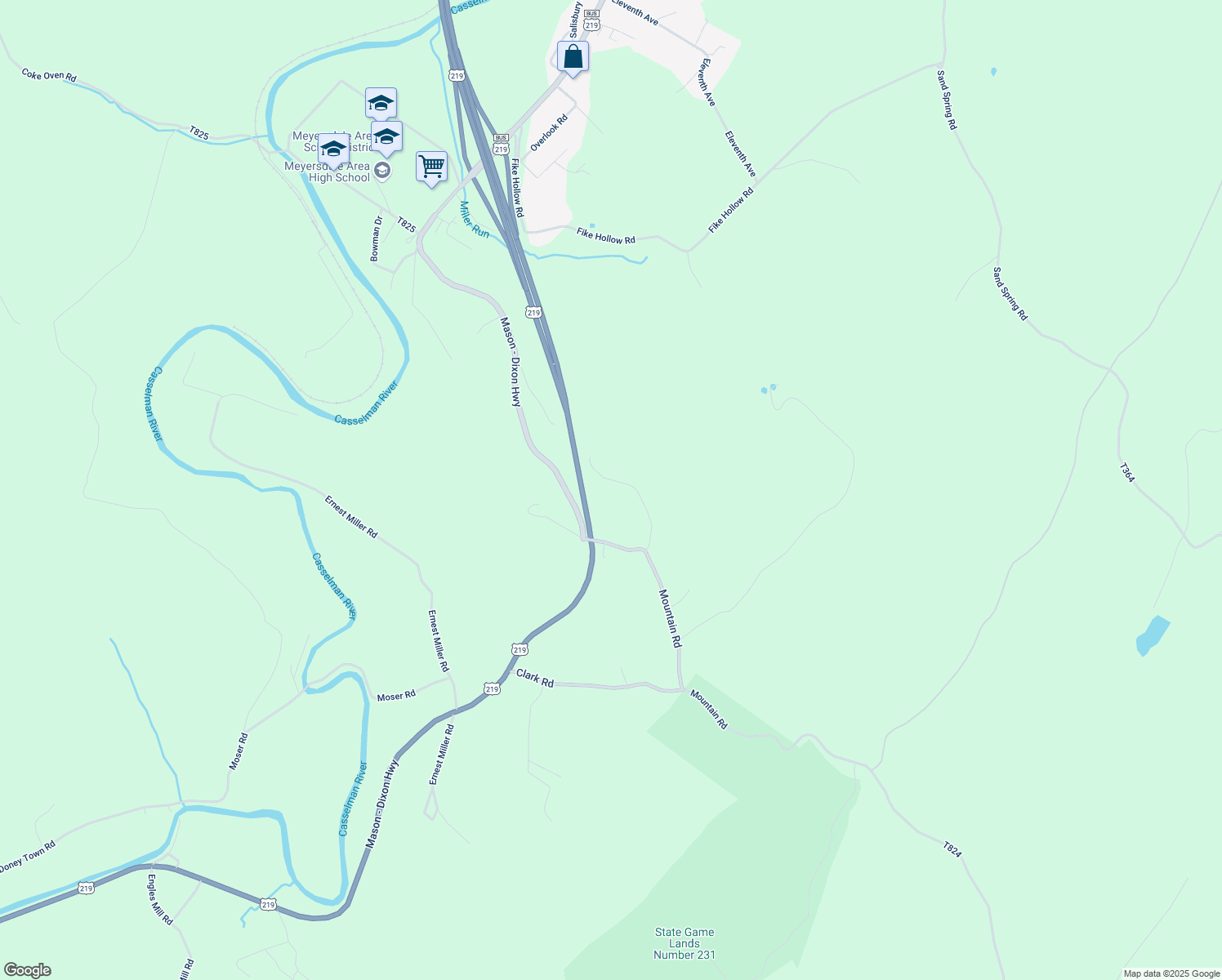 map of restaurants, bars, coffee shops, grocery stores, and more near 1537 Mountain Road in Meyersdale