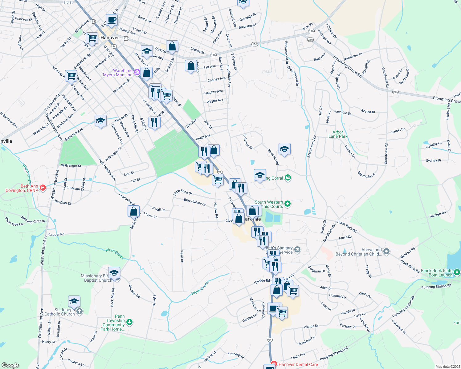 map of restaurants, bars, coffee shops, grocery stores, and more near 902 Baltimore Street in Hanover