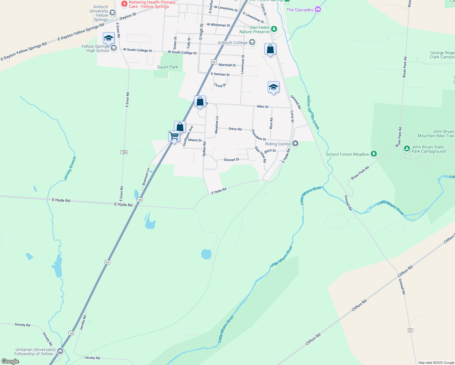 map of restaurants, bars, coffee shops, grocery stores, and more near 898 East Hyde Road in Yellow Springs
