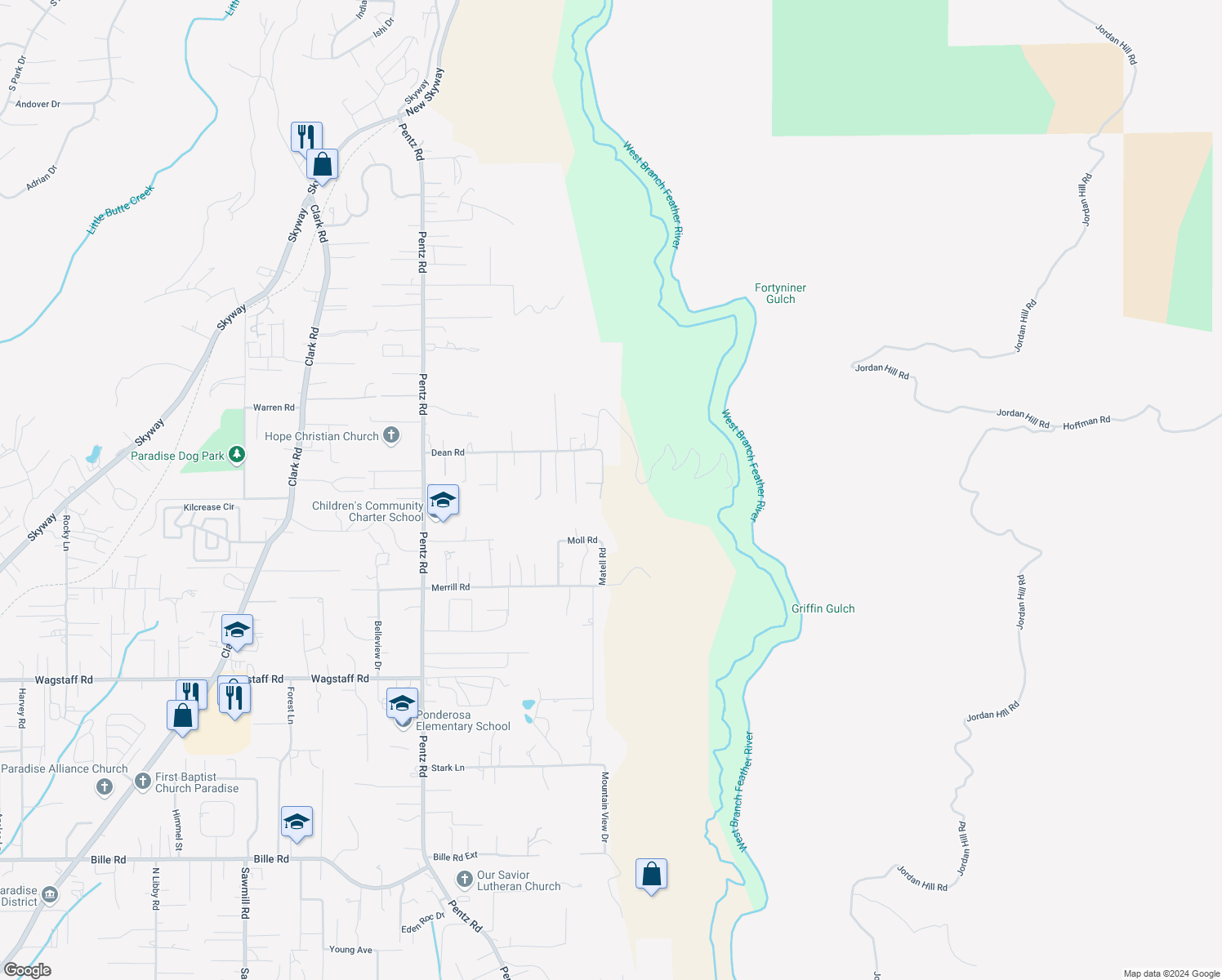 map of restaurants, bars, coffee shops, grocery stores, and more near 6888 Dean Place in Paradise