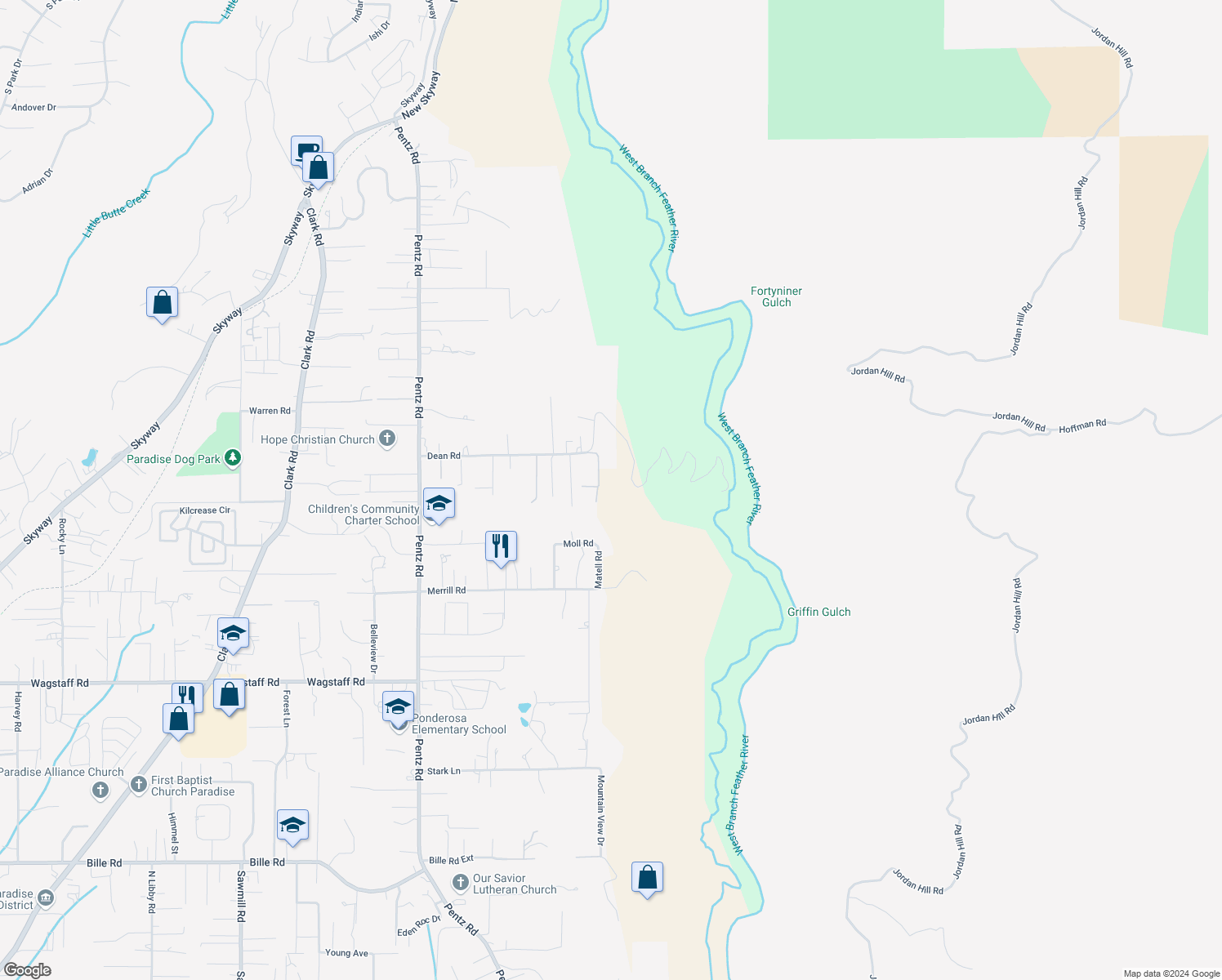 map of restaurants, bars, coffee shops, grocery stores, and more near 6888 Dean Place in Paradise