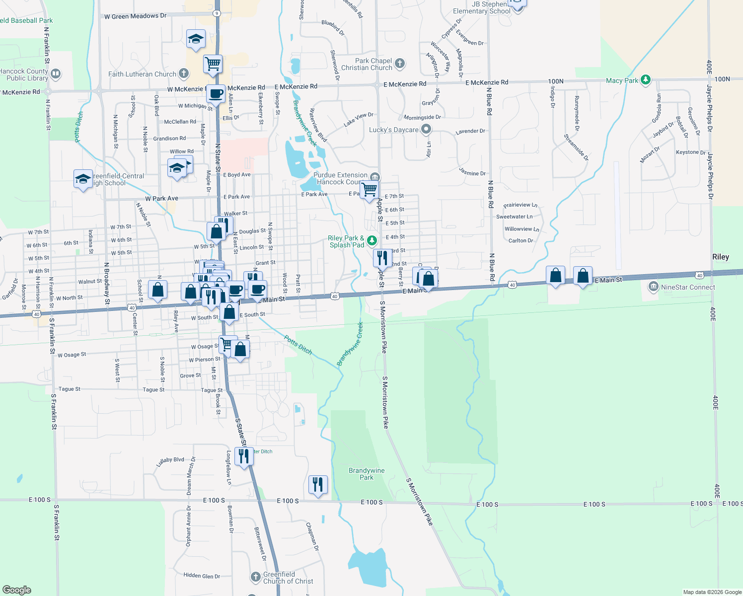 map of restaurants, bars, coffee shops, grocery stores, and more near 927 East Main Street in Greenfield